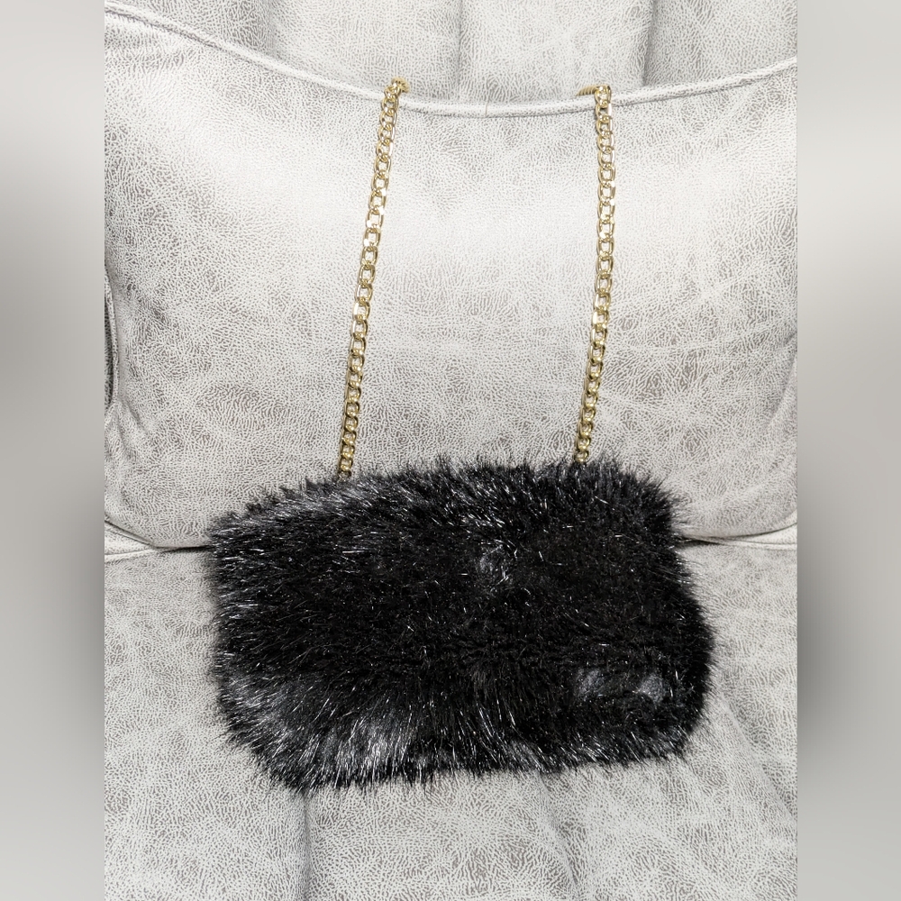 Women's Black Faux Fur Purse with Gold Toned Chain